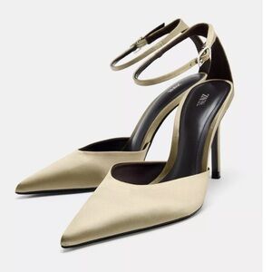 Zara NWT olive / taupe / champagne ankle strap heels pointed toe satin heels
